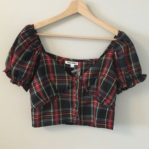 ASOS Plaid Puff Sleeve Cropped Top